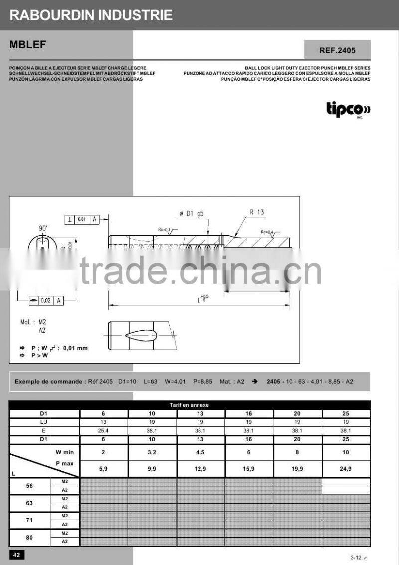 Rabourdin MBLEF standard ISO 10071 ball lock light duty ejector punch