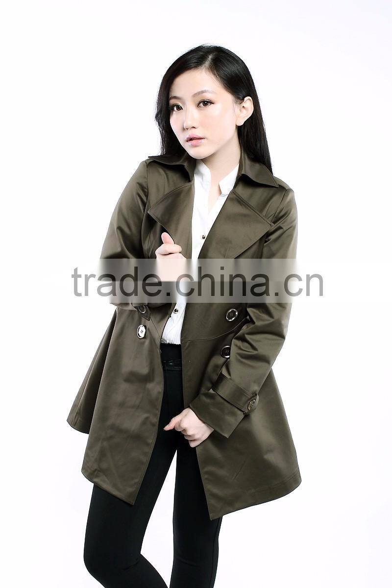 Women Wind Coats Turn Down Collar Double Breast Slim Trench Coat Green Navy Color