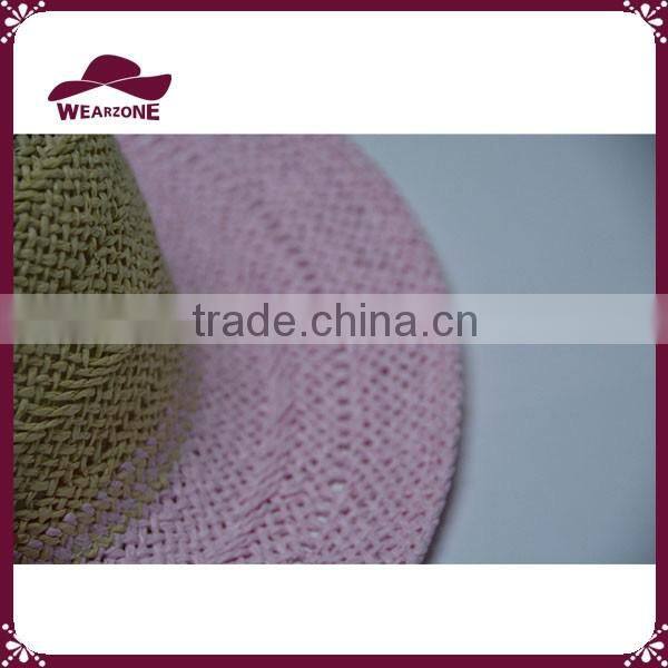 Girl pink straw sun hat paper floppy hat with colorful flower