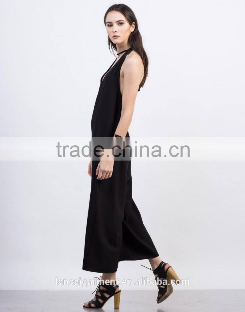Black Sleeveless With Design Halter Culotte Jumpsuit For 2016 Sexy Women