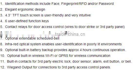 1200 face users wifiless network 4.3inch TFT color screen rfid standalone face fingerprint time attendance and access controller