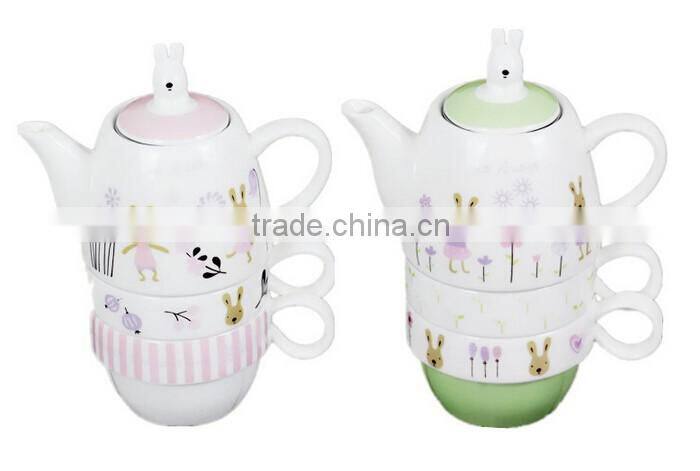 Zakka creative cartoon rabbit couples coffee kettele and mugs ceramic three-piece tea set with stainless steel filter