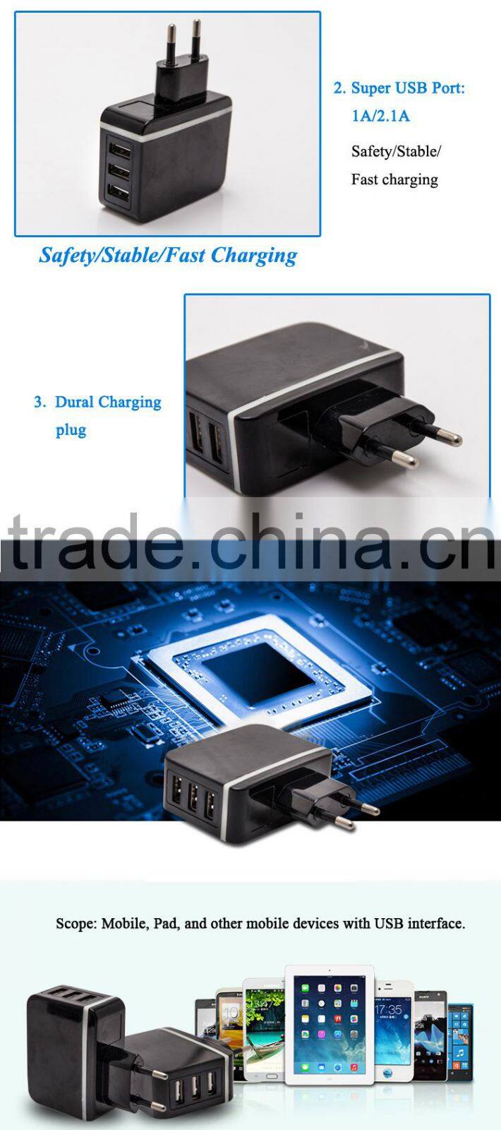 5V 3A 3 USB ports mobile phone charger