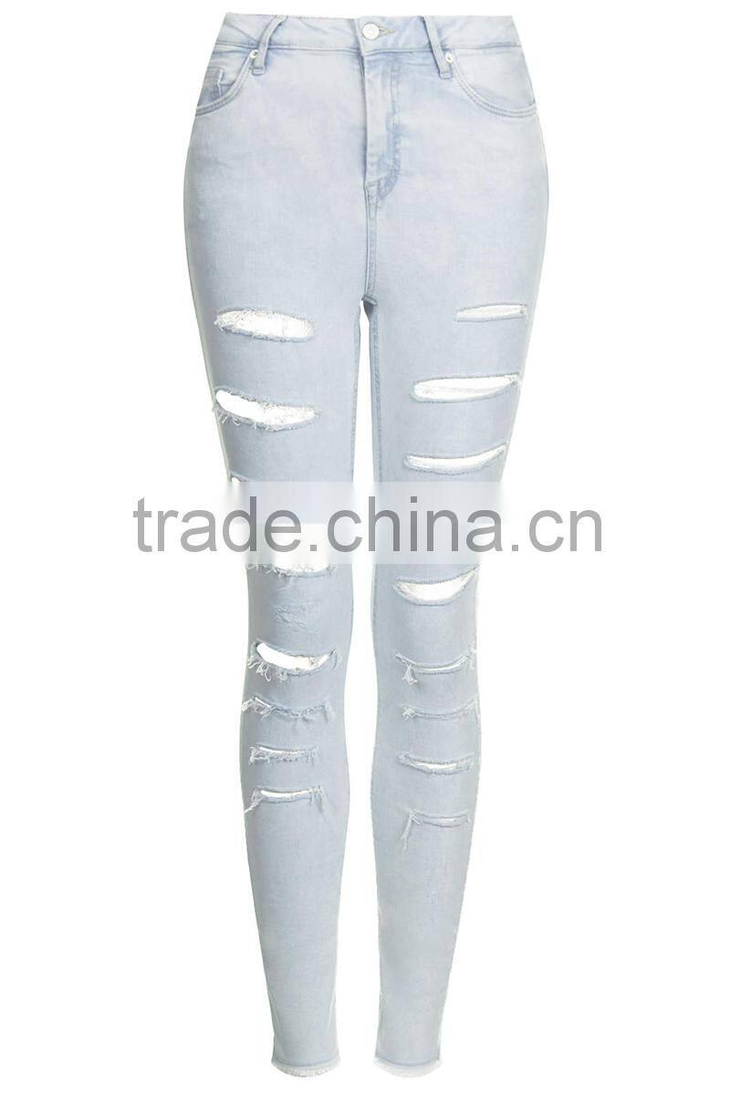 2014 latest design sexi women blue high waist distressed skinny jeans