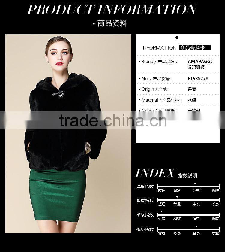 hot sale short black mink fur hooded coat for winter