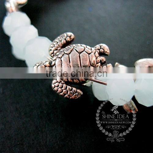 vintage antiqued silver ocean turtle shell ice blue glass beads 2 layers women fashion wiring bangle bracelet jewelry 6490047