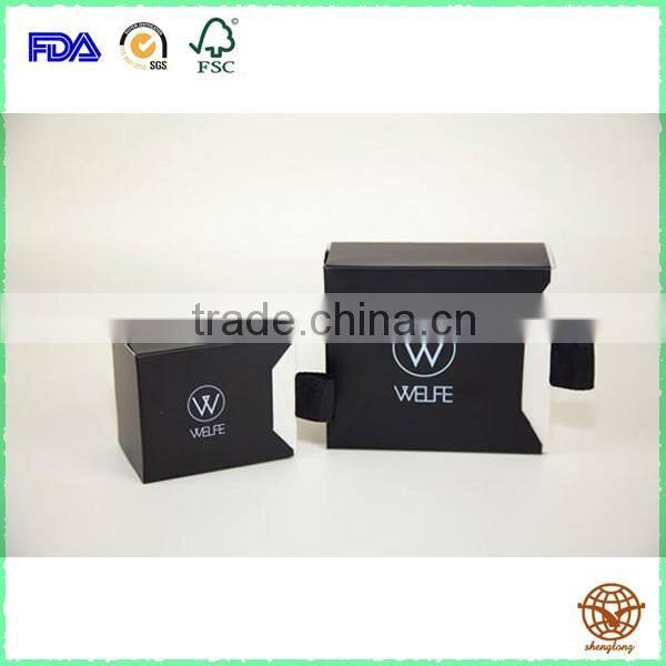 Professional Customized Black Printed Drawer cardboard Jewelry box with pull Ribbon