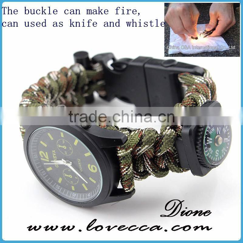 Hot Selling Outdoor Emergency Adjust paracord survival watch compass for hiking