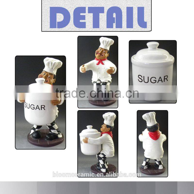 Resin chef with ceramic sugar pot for kitchen decoration