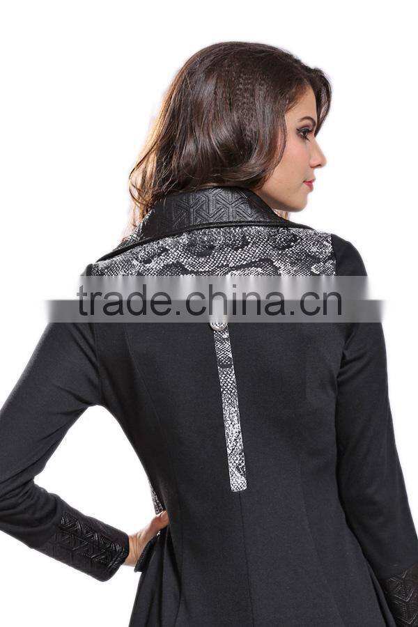 2014 Hot Sale Ladies Black Lapel Buttons Front Jacket With Leather Insert