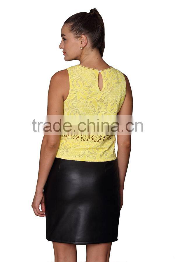Women Yellow Sleevesless Round Neck Lace Tops