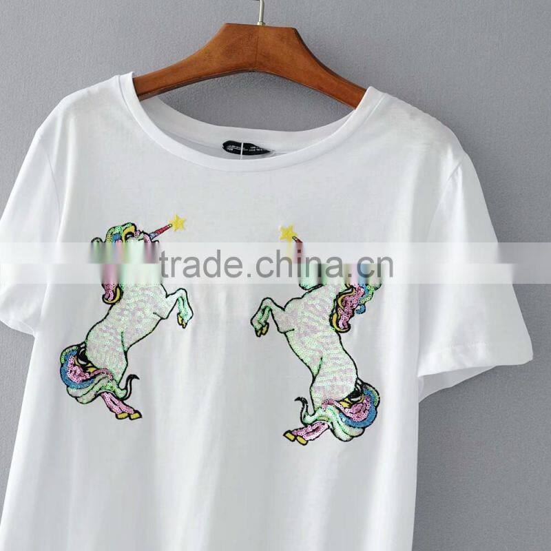 Women wholesale unicorn embroidery beaded white t-shirt