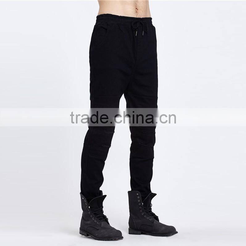 2016 new men's fashion brand Foot beam jeans black jeans male personality folds comfortable hotsale biker jeans