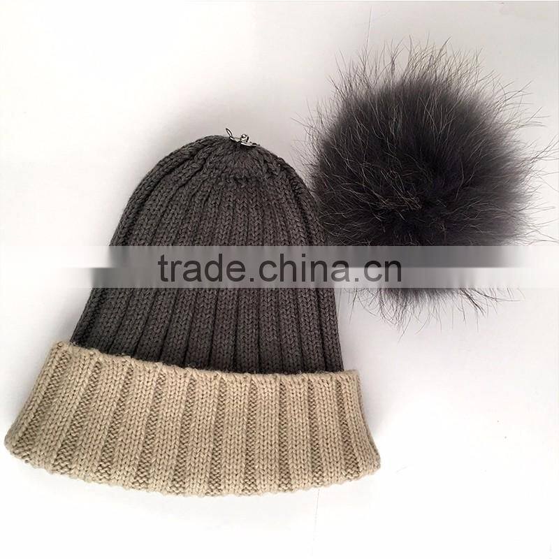 Myfur Beige/Grey Raccoon Fur Multi-Color Knitted Hat for Winter
