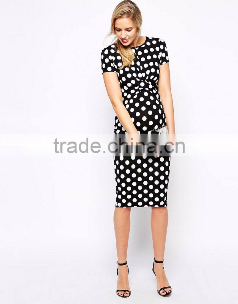 2016 Latest body conscious polka dot maternity dress with cross front