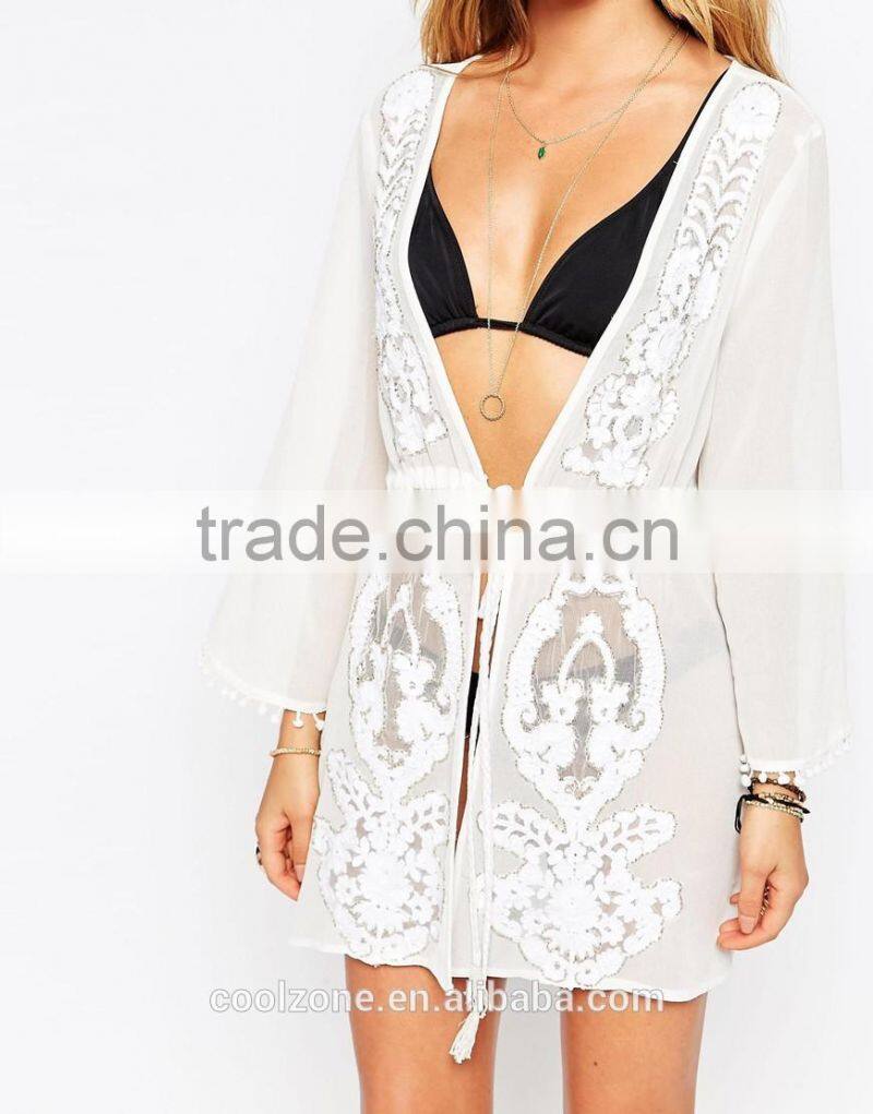 100% Polyester semi-sheer embroidered detail beach kaftan for women