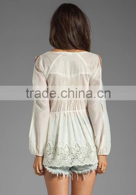 pleated front and back neckline lace trimmed hem top