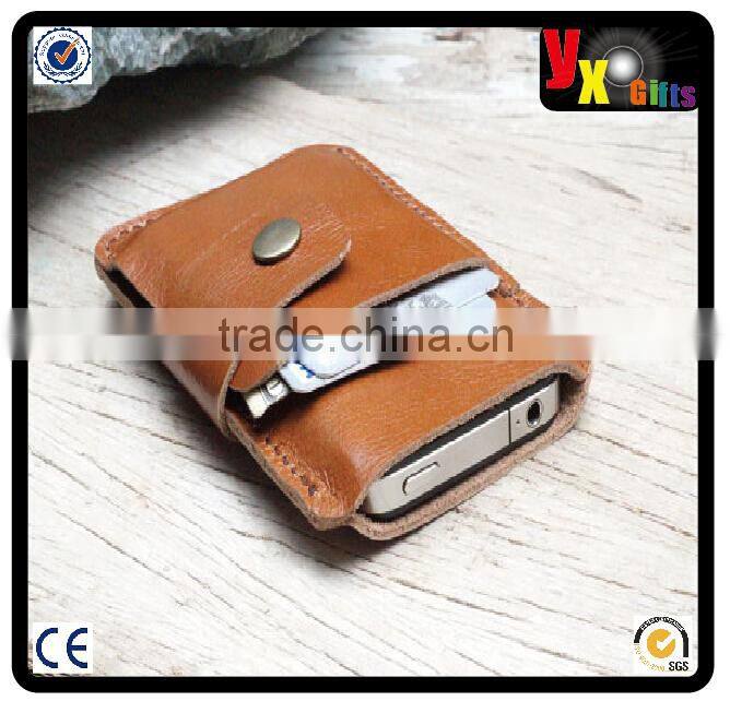 2 side mini soil brown leather cellphone case with clip belt