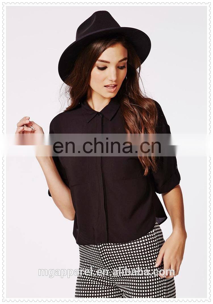 New fashion ladies plain black cropped blouse simple designs