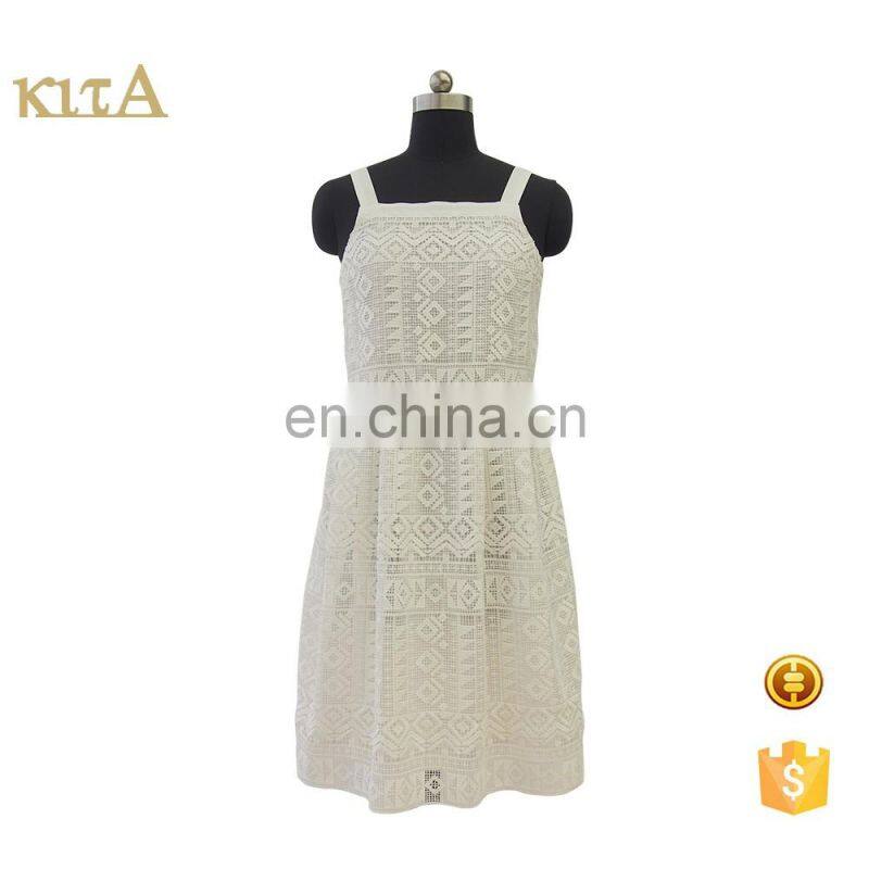 Sweet girls summer style white lace knee length Spaghetti strap dress
