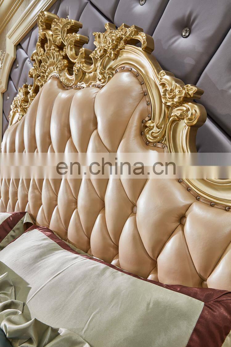 Classic bedroom furniture set Royal solid wood frame leather king bed