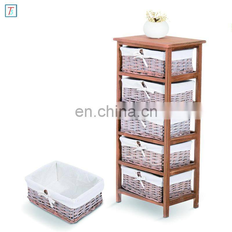 5 Drawer Storage Unit Wooden Frame with Wicker Woven Baskets Household Cabinet Chest