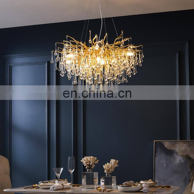 High quality Luxury Modern Crystal Chandelier Lighting Gold Copper Tree Branch Raindrop Hanging Lamp for Hotel Project Villa