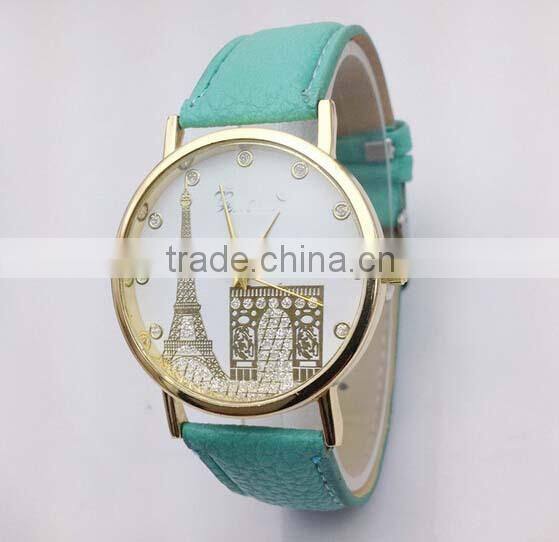 High quality Leather watch Women's Eiffel Tower Printed Dial Faux Leather Analog Quartz Wrist Watch