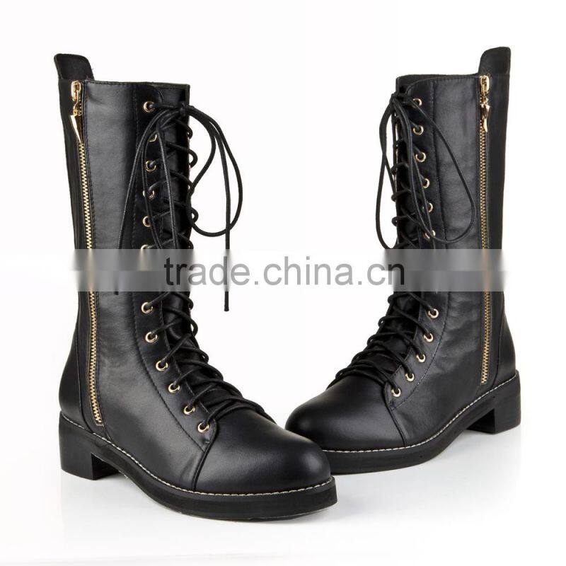 Fashion Ladies Black Real Leather Flat Heel Tie Up Half Boot