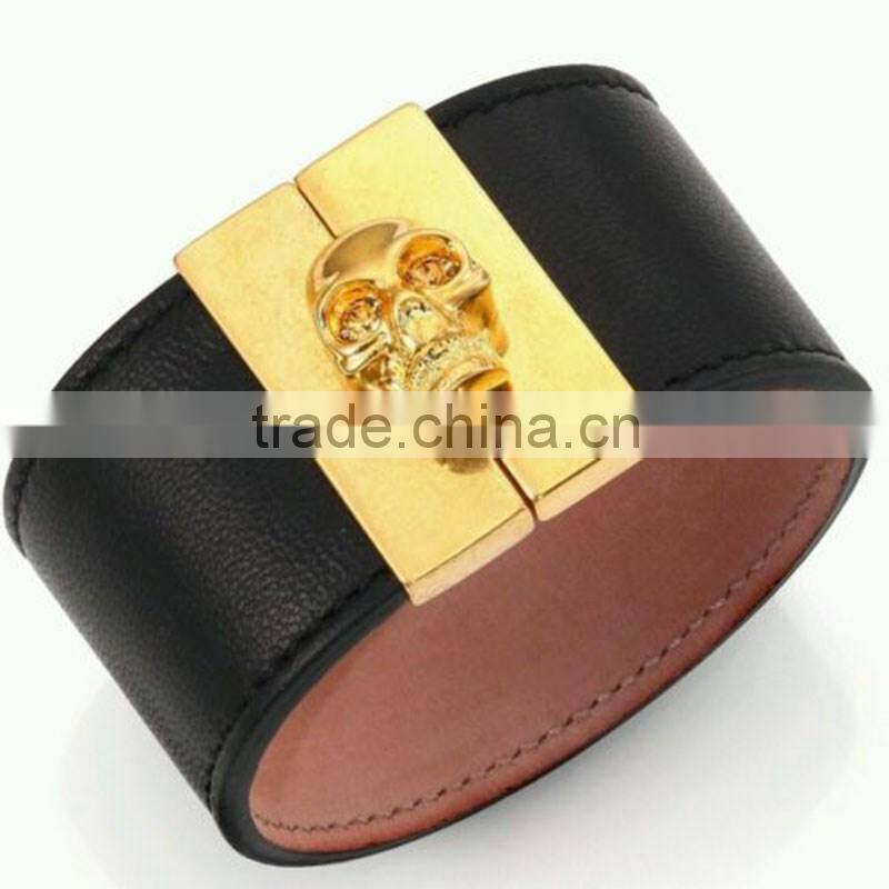 Genuine Leather Gated Skull Cuff Bracelet Mens Fashion Wristband
