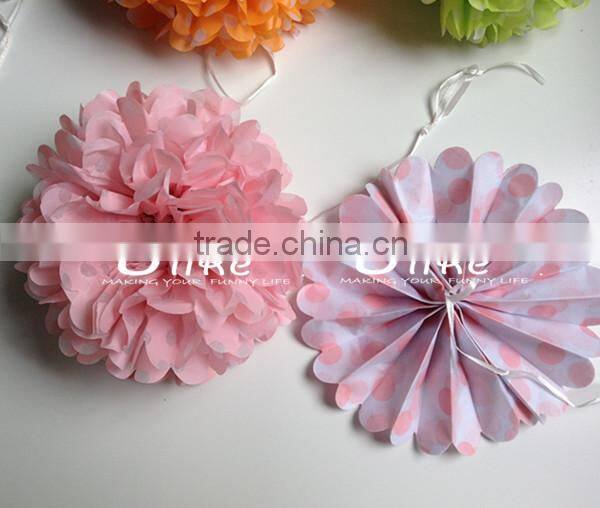 new design polka dot paper fan double used paper pinwheels fan and pom poms flowers wedding table decoration