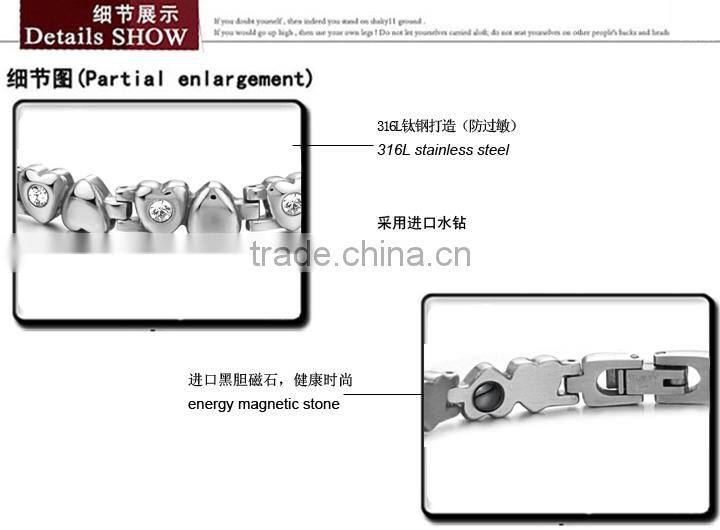 KSTONE 2015 316L Stainless Steel cz diamond magnetic heart shape bracelet for women