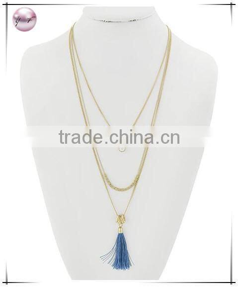 Matte Gold Tone Purple Thread Clear GlassMetal Layer Tassel Pendant Necklace