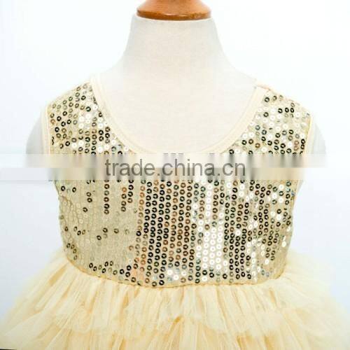 Fashion Handmade Paillette Lace Wedding Dress Custom Sleeveless Layered Dress Kids Girls Party Dress Design