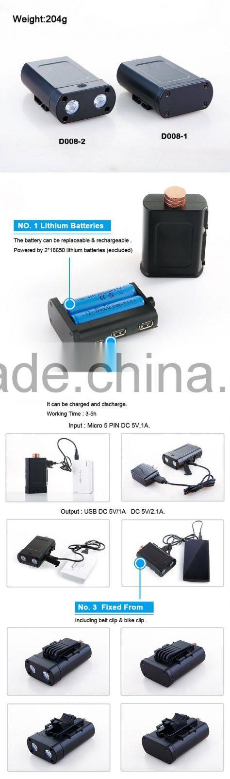 Patented Removable Battery 2600mAh Portable Flashlight Power Bank with LED Lights