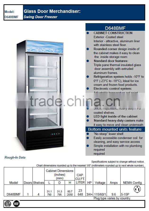 Single Glass Door Merchandiser, automatic defrost freezer, ice cream freezer showcase_D648BMF
