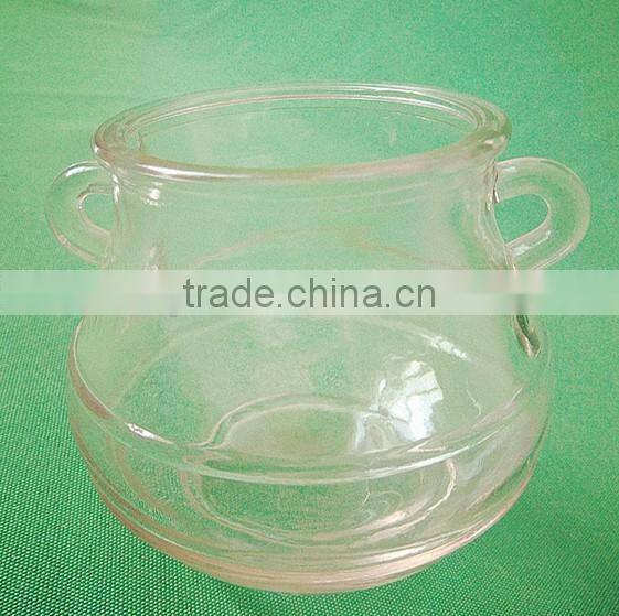 91mm tall glass pot with ears and a round saucer for candlestick