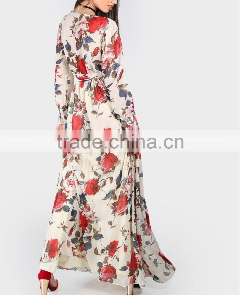 women clothing/women dresses/Rose Print Cuffed Long Sleeve Belted Wrap Dress