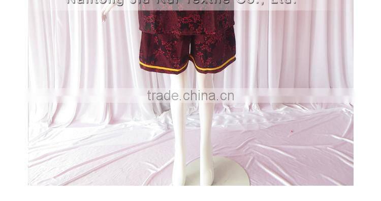 Wine Red Floral Jacquard Pyjamas V-Neck Pyjamas For Sauna Steam Clothes Set Women