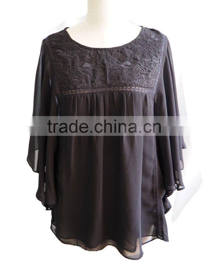 Sexy Chiffon Fluffy Bat Sleeve with Floral Embroidery Design Ladies Blouse Top