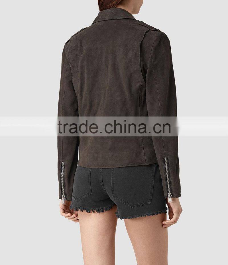 Cool newest slim fitting zip pockets classic city style blank suede biker jacket for women