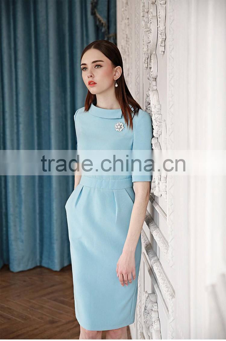 Ladies Slim Fit Light Blue Short Sleeve Elegent Dress