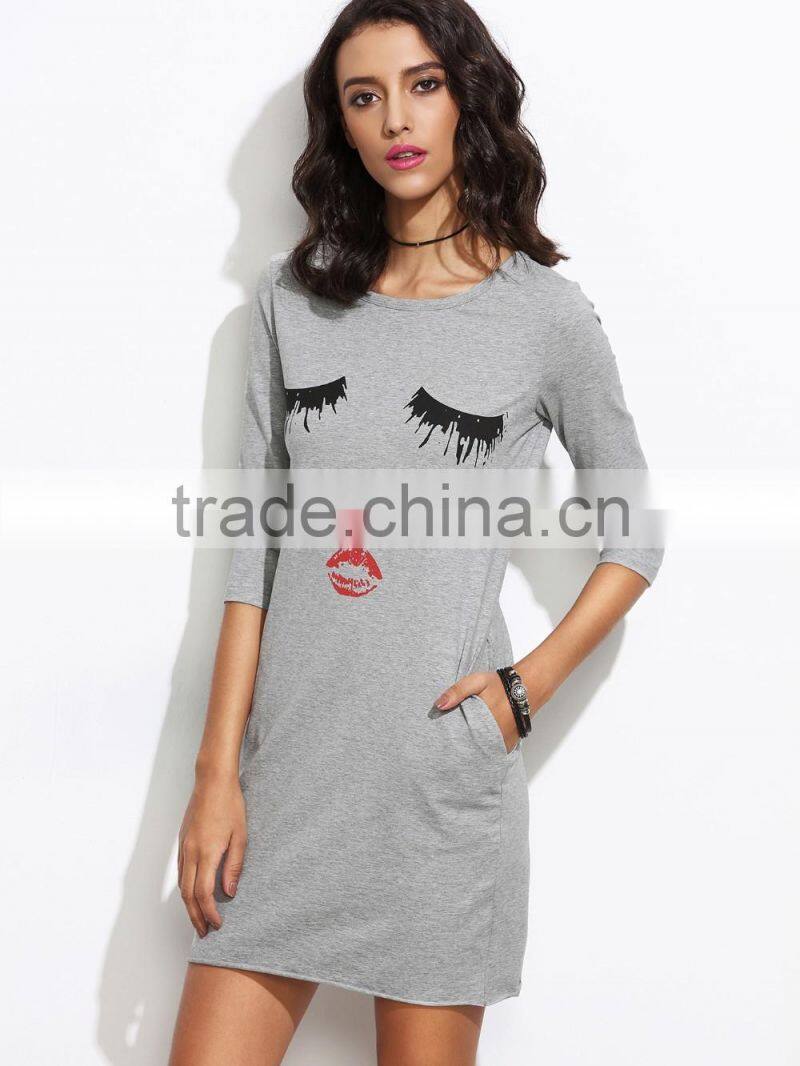 Grey Raw Hem Closed Eyes Print Dress Cotton Spandex 3/4 Sleeve Summer Cartoon Pocket Tee Dress