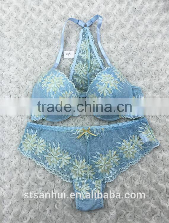 Newest design front open sexy lace bra and pante sets women underwear from Shantou Sanhui