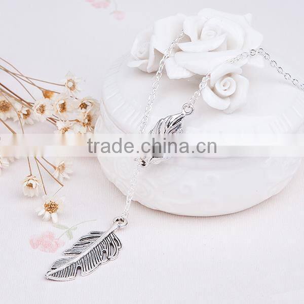 New Fashion Y Shaped Lariat Necklace Silver Plated Leaf Connector Feather Pendant 51.5cm long