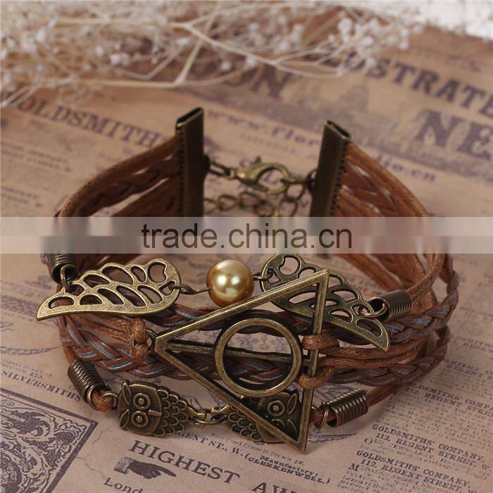 Braiding Leatheroid Wax Rope Brown Antique Bronze Halloween Owl Triangle Ring Wing W/Lobster Clasp Extender Chain Bracelets