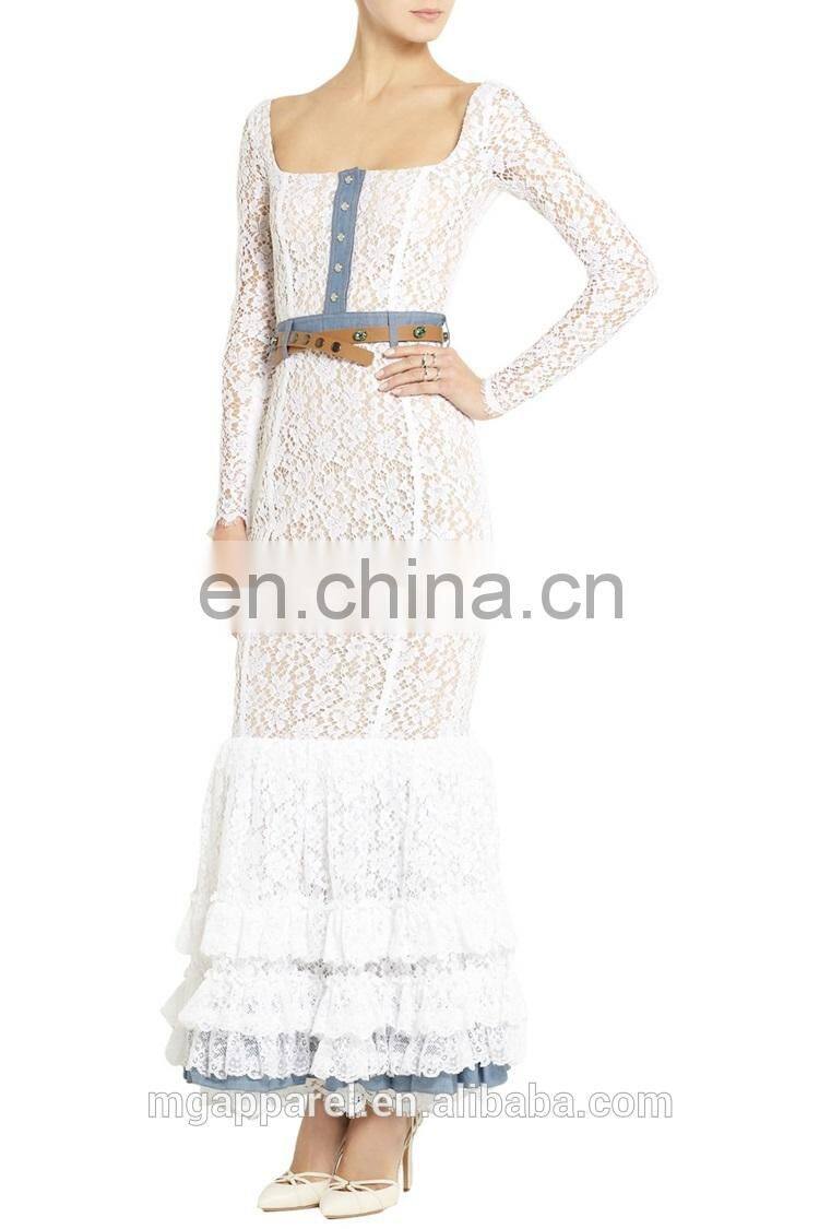 latest design formal evening gown chambray-trimmed long sleeve lace evening gown dresses