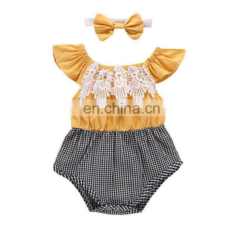 Hot Sale Wholesale Baby Clothes Yellow Plaid Lace Ruffle Baby Romper