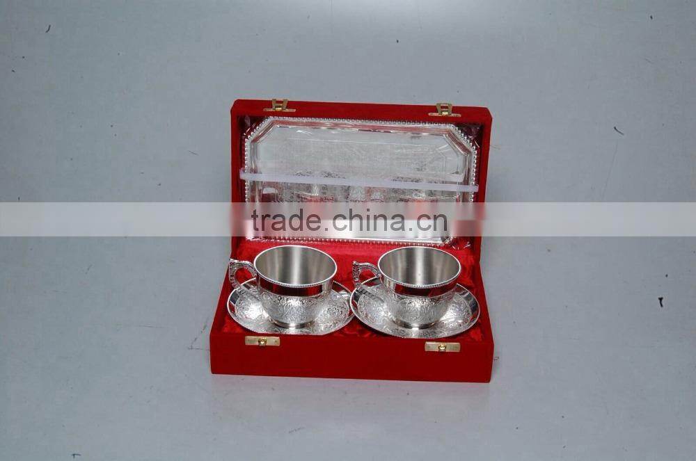 Silver Plated Engraved Brass Tea Coffee Cups & Plated Set Of Four Piece With Serving Tray
