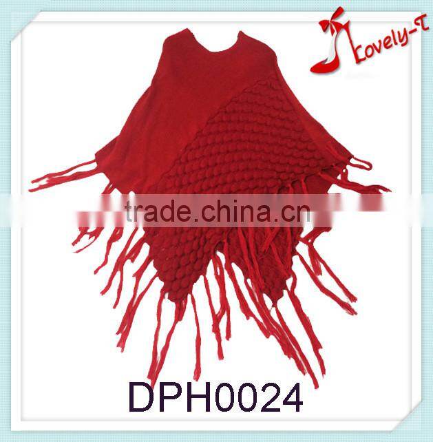Hot sale China red knitted ladies' new fashion acrylic bohemia poncho shawl with tassels